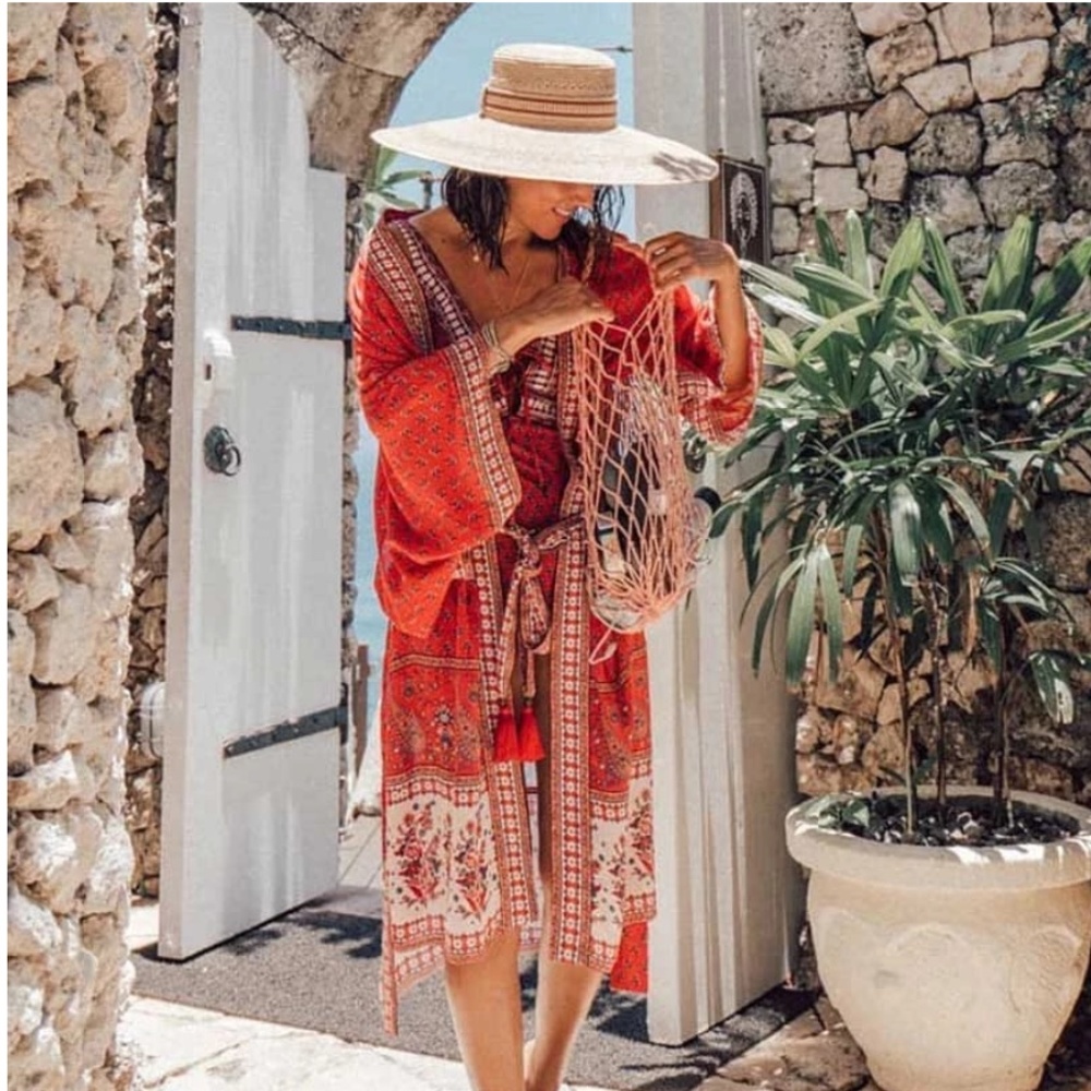 Boho Floral Print Cut out Sleeve Kimono Cover up